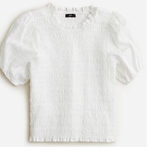100% Cotton J Crew Puff Sleeve Textured Voile Smocked Top White (Womens Size S)